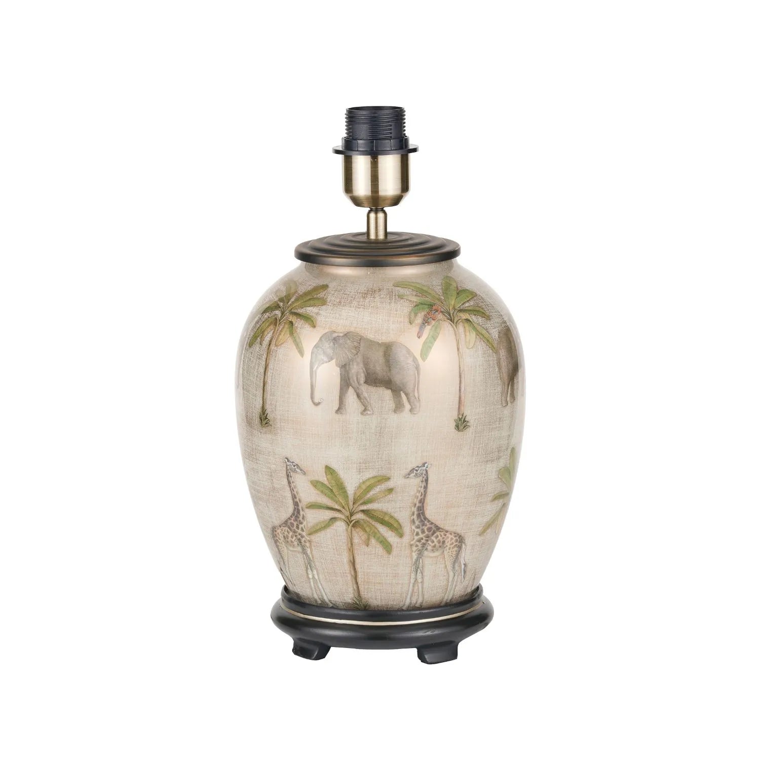 Jenny Worrall Safari Glass Table Lamp Base – Handcrafted African Elephants, Giraffes & Leopards Design in Cream Champagne & Gold with Antique Brass Feet Bulbous Shape 35x20x20cm | Click Style