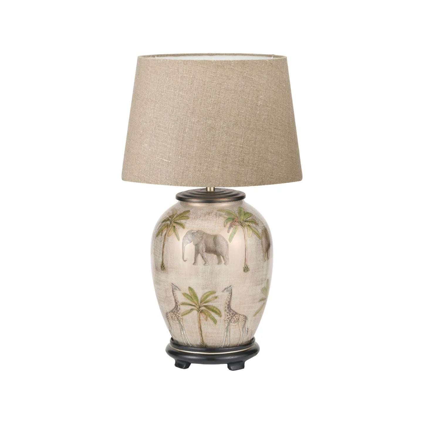 Jenny Worrall Safari Glass Table Lamp Base – Handcrafted African Elephants, Giraffes & Leopards Design in Cream Champagne & Gold with Antique Brass Feet Bulbous Shape 35x20x20cm | Click Style