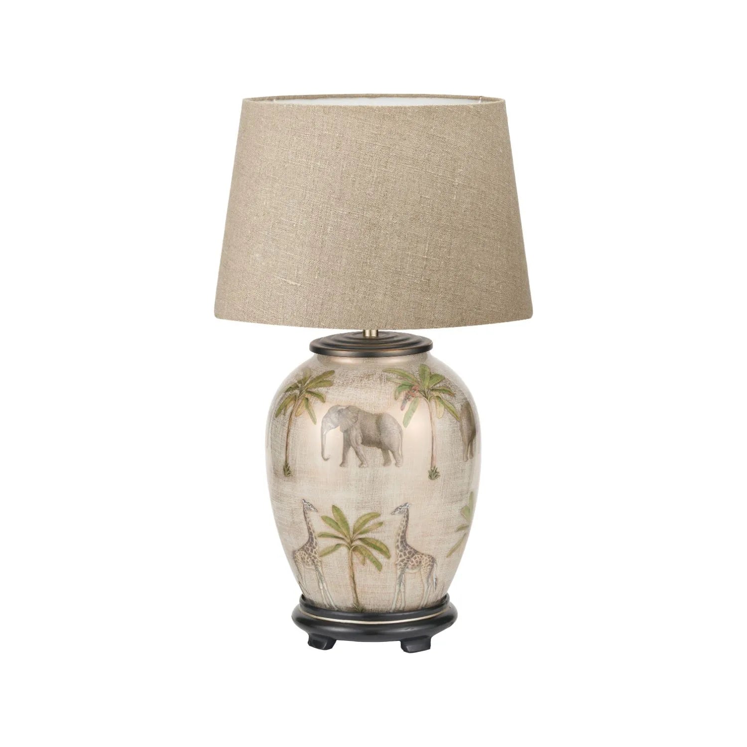 Jenny Worrall Safari Glass Table Lamp Base – Handcrafted African Elephants, Giraffes & Leopards Design in Cream Champagne & Gold with Antique Brass Feet Bulbous Shape 35x20x20cm | Click Style
