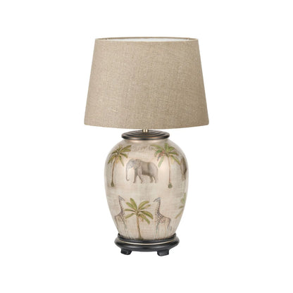 Jenny Worrall Safari Glass Table Lamp Base – Handcrafted African Elephants, Giraffes & Leopards Design in Cream Champagne & Gold with Antique Brass Feet Bulbous Shape 35x20x20cm | Click Style