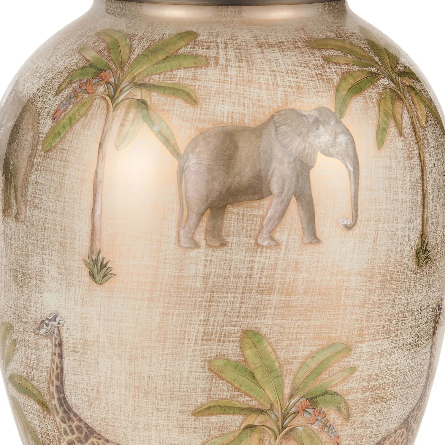 Jenny Worrall African Safari Cream Champagne and Gold Glass Table Lamp with Elephants Giraffes and Leopards 35cm Natural Linen Tapered Shade and Antique Brass Feet – Handcrafted Bulbous Statement Lighting 52x35x35cm | Click Style