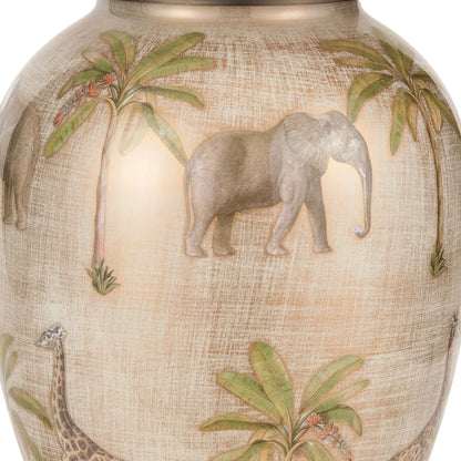 Jenny Worrall African Safari Cream Champagne and Gold Glass Table Lamp with Elephants Giraffes and Leopards 35cm Natural Linen Tapered Shade and Antique Brass Feet – Handcrafted Bulbous Statement Lighting 52x35x35cm | Click Style