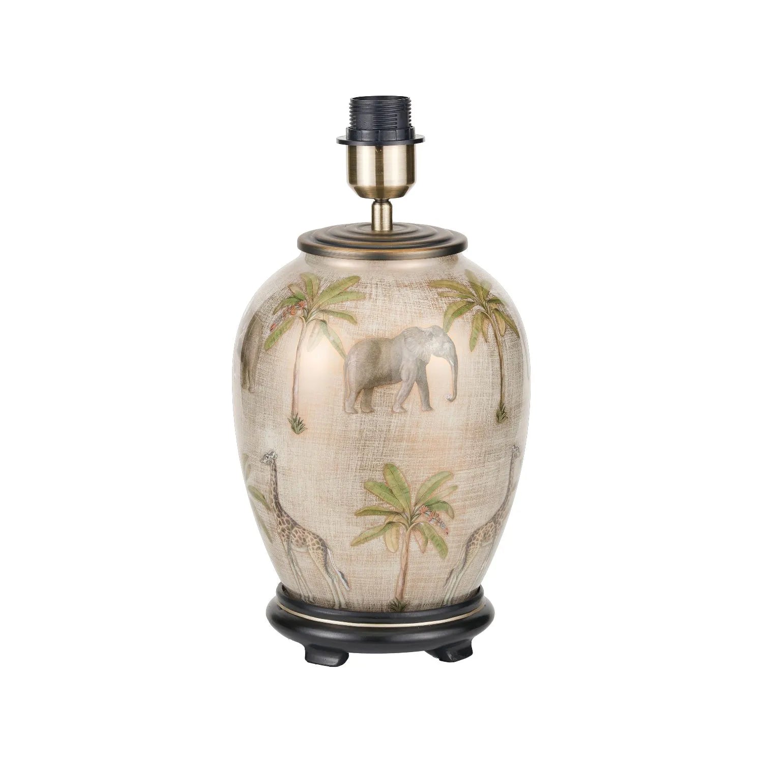 Jenny Worrall African Safari Cream Champagne and Gold Glass Table Lamp with Elephants Giraffes and Leopards 35cm Natural Linen Tapered Shade and Antique Brass Feet – Handcrafted Bulbous Statement Lighting 52x35x35cm | Click Style