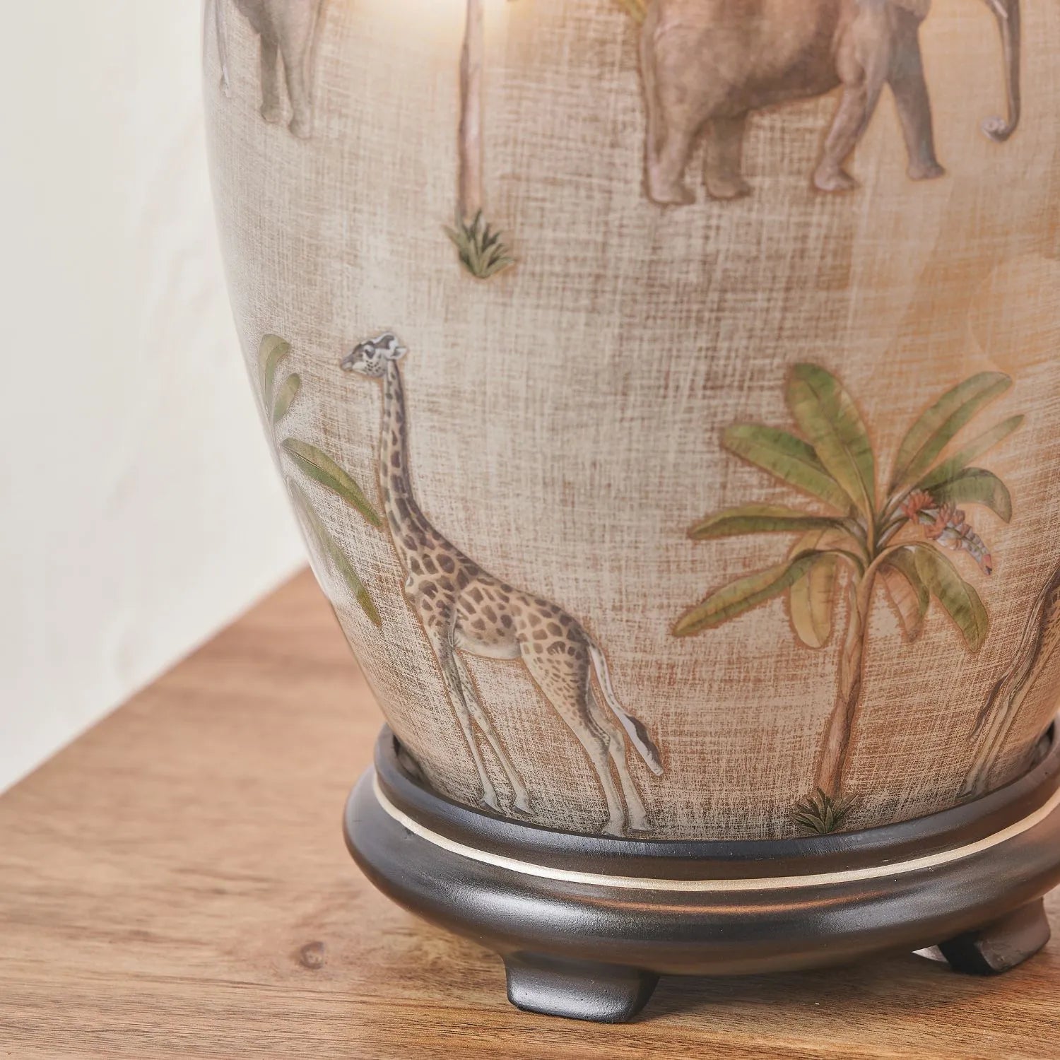 Jenny Worrall African Safari Cream Champagne and Gold Glass Table Lamp with Elephants Giraffes and Leopards 35cm Natural Linen Tapered Shade and Antique Brass Feet – Handcrafted Bulbous Statement Lighting 52x35x35cm | Click Style