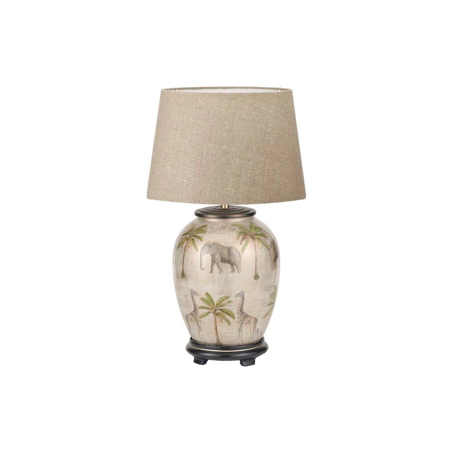 Jenny Worrall African Safari Cream Champagne and Gold Glass Table Lamp with Elephants Giraffes and Leopards 35cm Natural Linen Tapered Shade and Antique Brass Feet – Handcrafted Bulbous Statement Lighting 52x35x35cm | Click Style