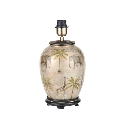 Jenny Worrall African Safari Cream Champagne and Gold Glass Table Lamp with Elephants Giraffes and Leopards 35cm Natural Linen Tapered Shade and Antique Brass Feet – Handcrafted Bulbous Statement Lighting 52x35x35cm | Click Style