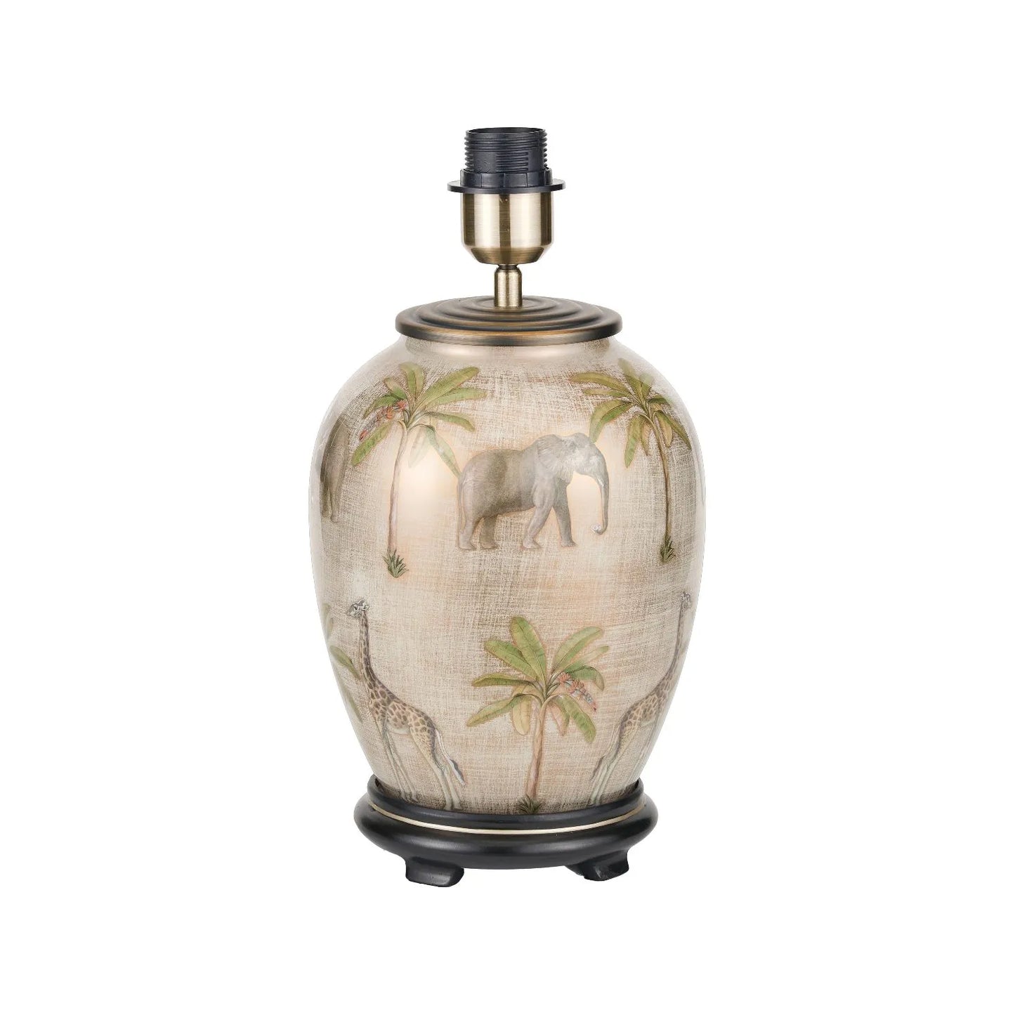 Jenny Worrall African Safari Cream Champagne and Gold Glass Table Lamp with Elephants Giraffes and Leopards 35cm Natural Linen Tapered Shade and Antique Brass Feet – Handcrafted Bulbous Statement Lighting 52x35x35cm | Click Style