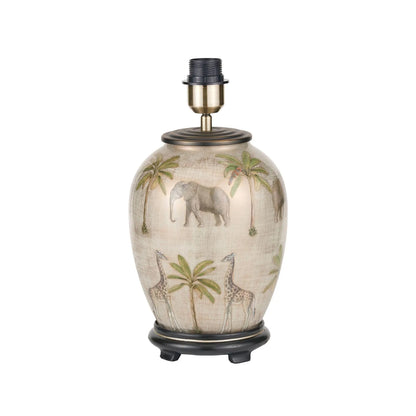 Jenny Worrall African Safari Cream Champagne and Gold Glass Table Lamp with Elephants Giraffes and Leopards 35cm Natural Linen Tapered Shade and Antique Brass Feet – Handcrafted Bulbous Statement Lighting 52x35x35cm | Click Style