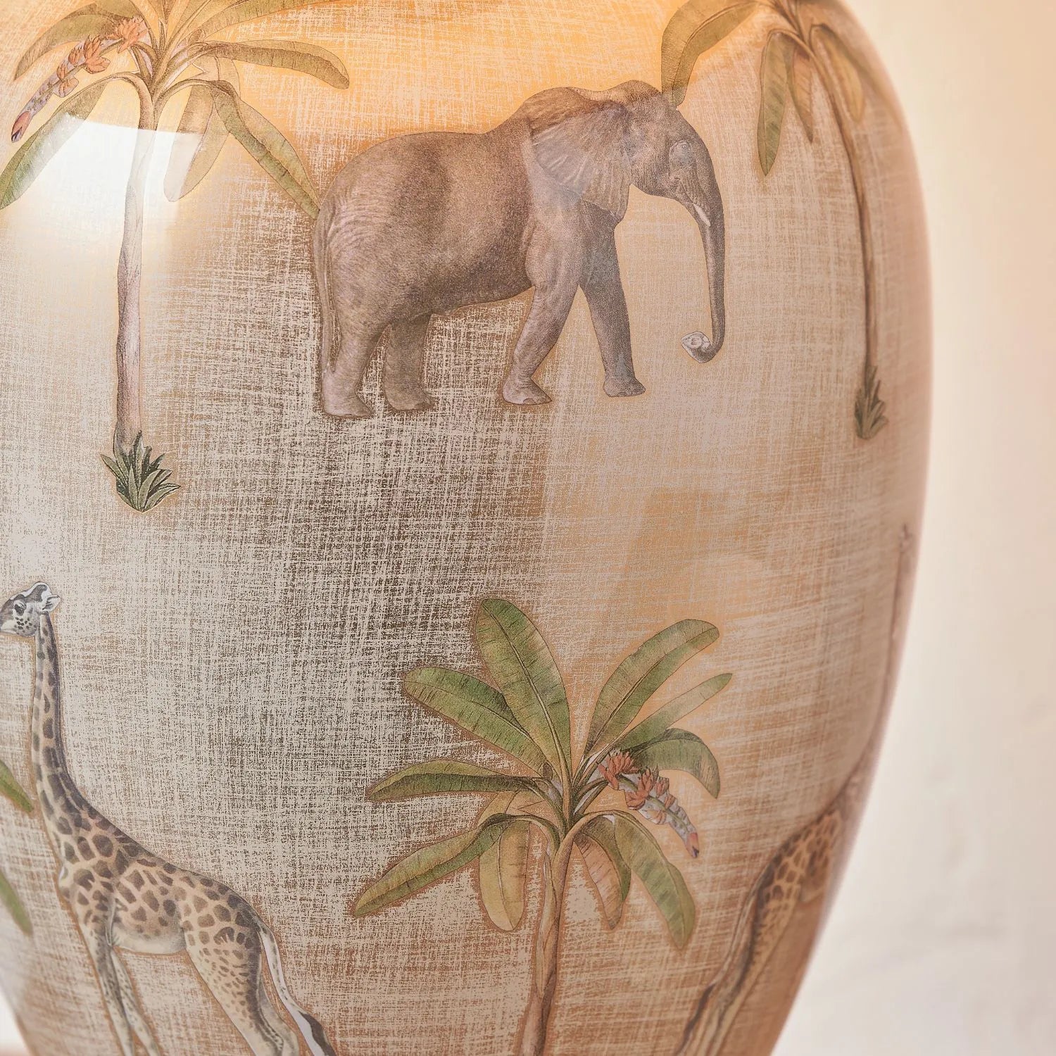 Jenny Worrall African Safari Cream Champagne and Gold Glass Table Lamp with Elephants Giraffes and Leopards 35cm Natural Linen Tapered Shade and Antique Brass Feet – Handcrafted Bulbous Statement Lighting 52x35x35cm | Click Style