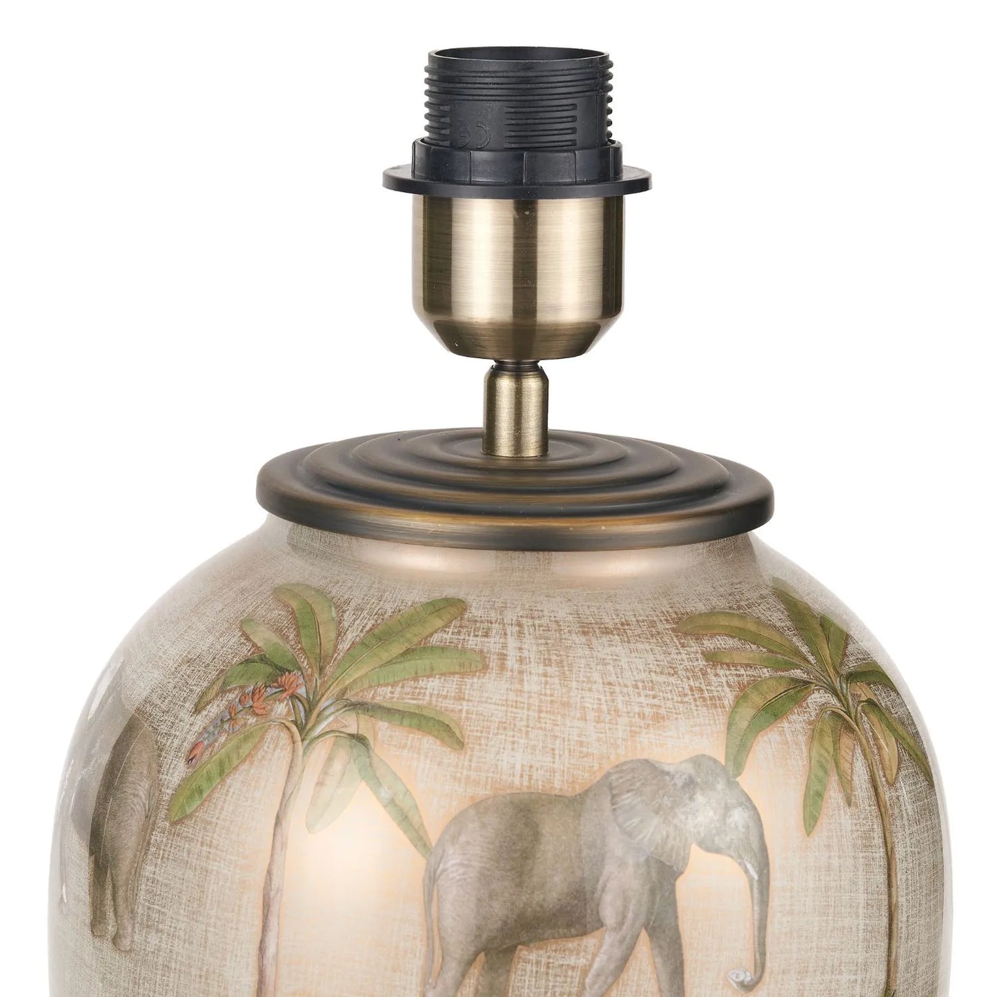 Jenny Worrall African Safari Cream Champagne and Gold Glass Table Lamp with Elephants Giraffes and Leopards 35cm Natural Linen Tapered Shade and Antique Brass Feet – Handcrafted Bulbous Statement Lighting 52x35x35cm | Click Style