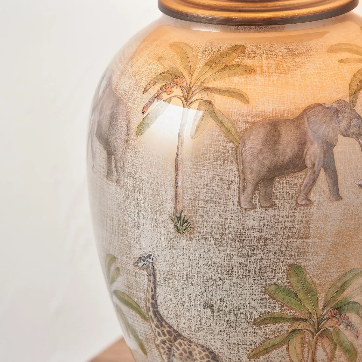 Jenny Worrall African Safari Cream Champagne and Gold Glass Table Lamp with Elephants Giraffes and Leopards 35cm Natural Linen Tapered Shade and Antique Brass Feet – Handcrafted Bulbous Statement Lighting 52x35x35cm | Click Style