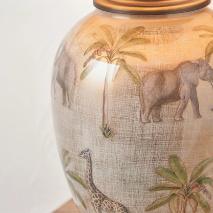 Jenny Worrall African Safari Cream Champagne and Gold Glass Table Lamp with Elephants Giraffes and Leopards 35cm Natural Linen Tapered Shade and Antique Brass Feet – Handcrafted Bulbous Statement Lighting 52x35x35cm | Click Style
