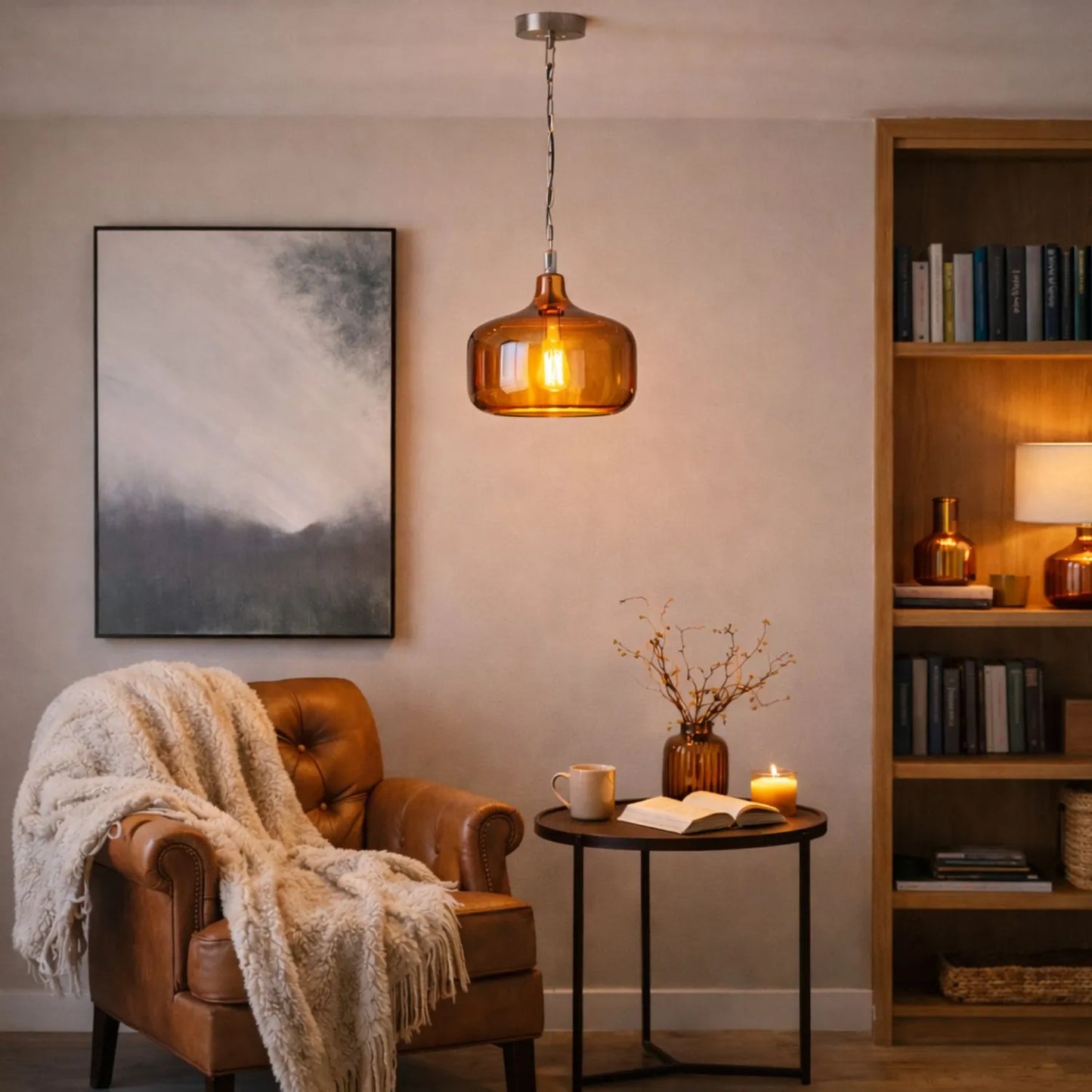 Amber Honey Glass Pendant Light with Nickel Fitting – Adjustable & Dimmable Rounded Squat Ceiling Pendant 130x29x29cm | Click Style