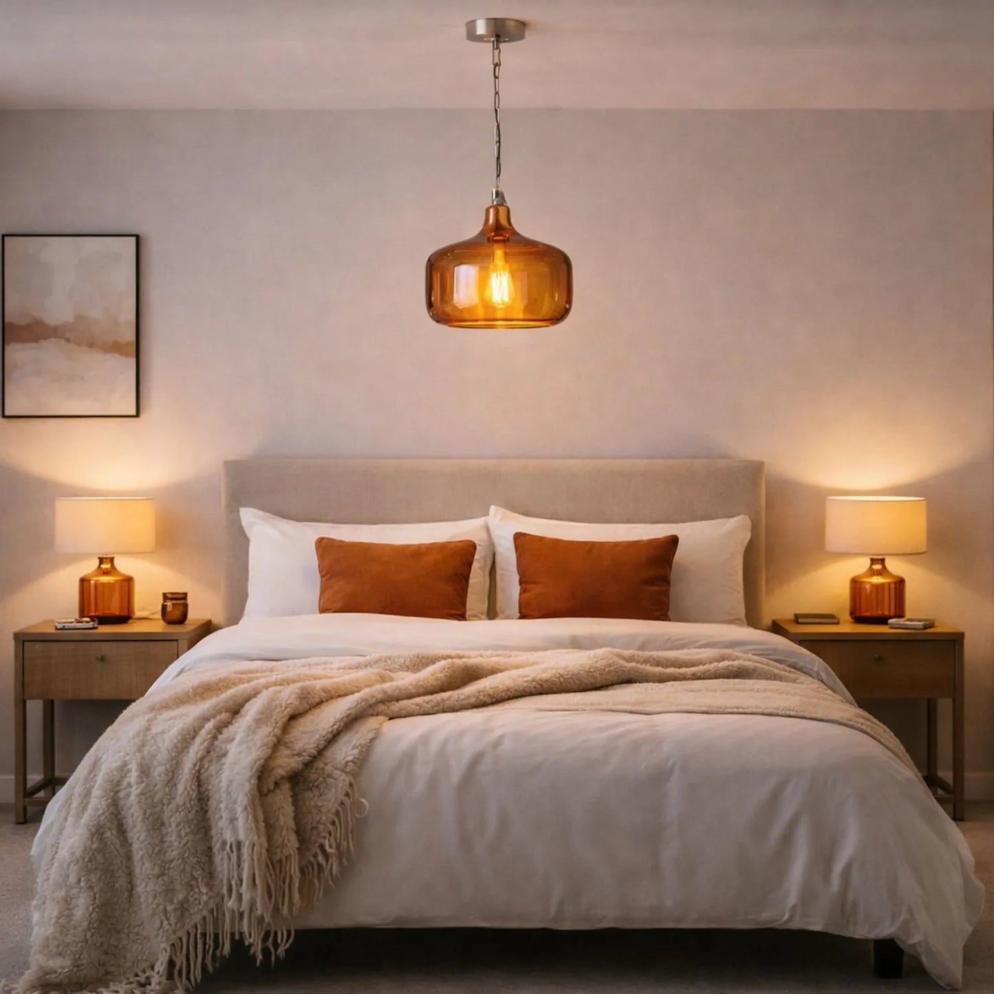 Amber Honey Glass Pendant Light with Nickel Fitting – Adjustable & Dimmable Rounded Squat Ceiling Pendant 130x29x29cm | Click Style