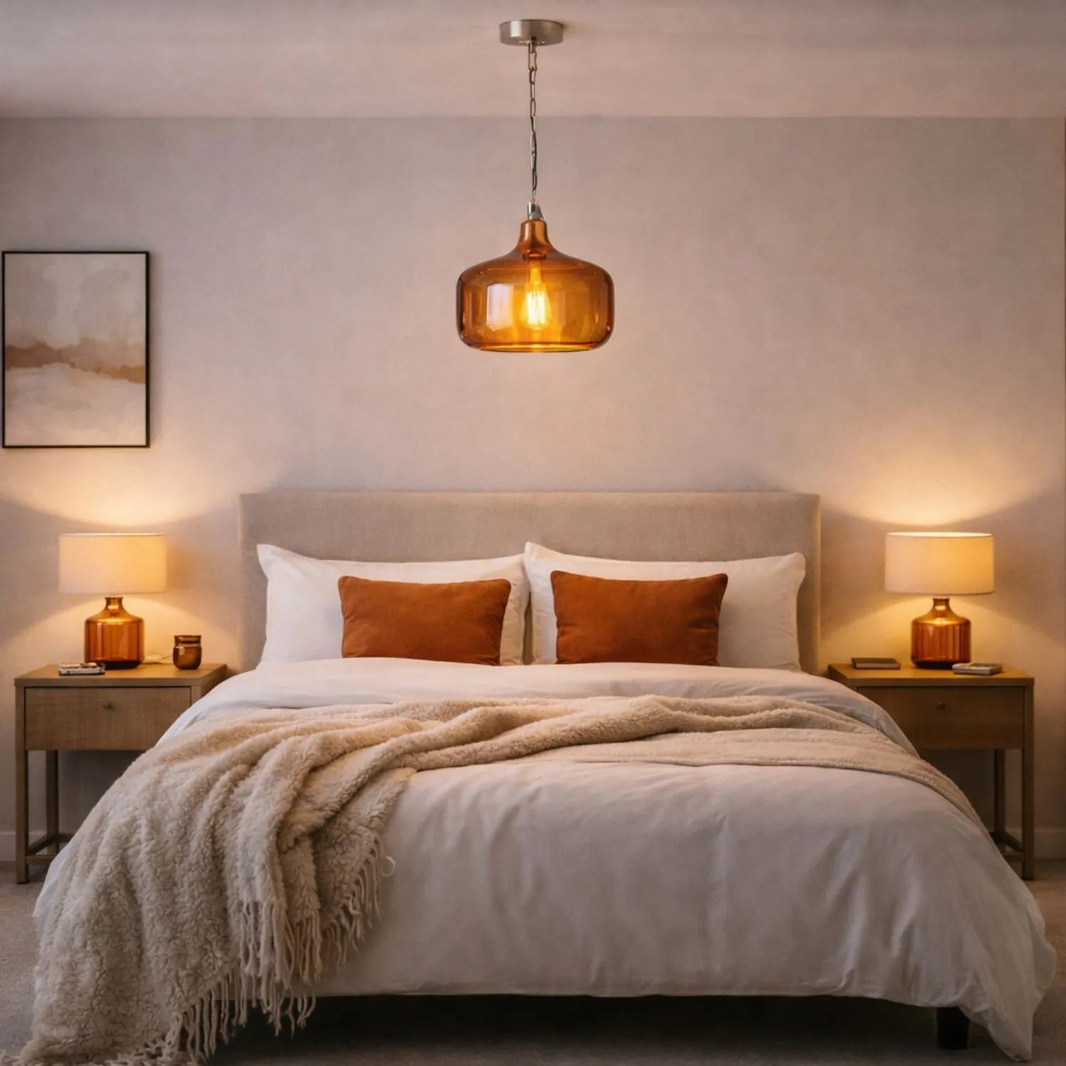 Amber Honey Glass Pendant Light with Nickel Fitting – Adjustable & Dimmable Rounded Squat Ceiling Pendant 130x29x29cm | Click Style