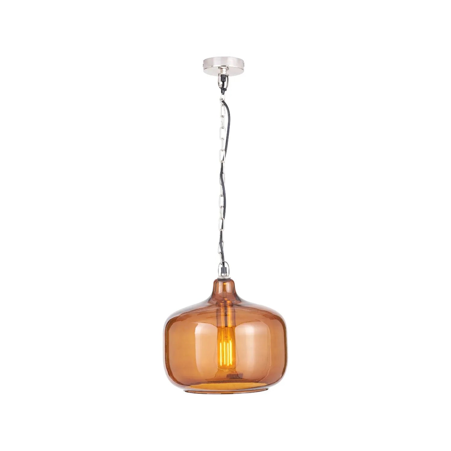 Amber Honey Glass Pendant Light with Nickel Fitting – Adjustable & Dimmable Rounded Squat Ceiling Pendant 130x29x29cm | Click Style