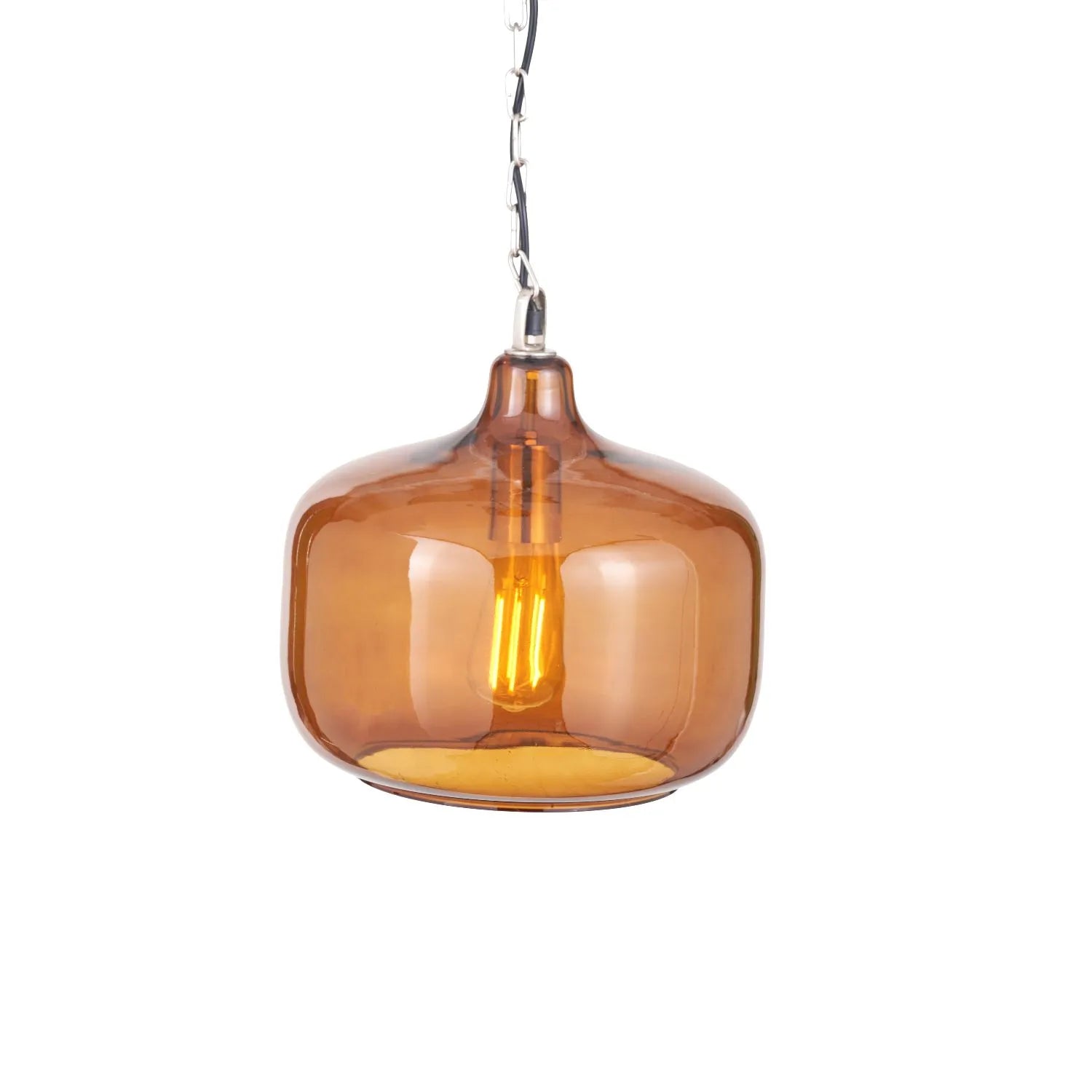 Amber Honey Glass Pendant Light with Nickel Fitting – Adjustable & Dimmable Rounded Squat Ceiling Pendant 130x29x29cm | Click Style