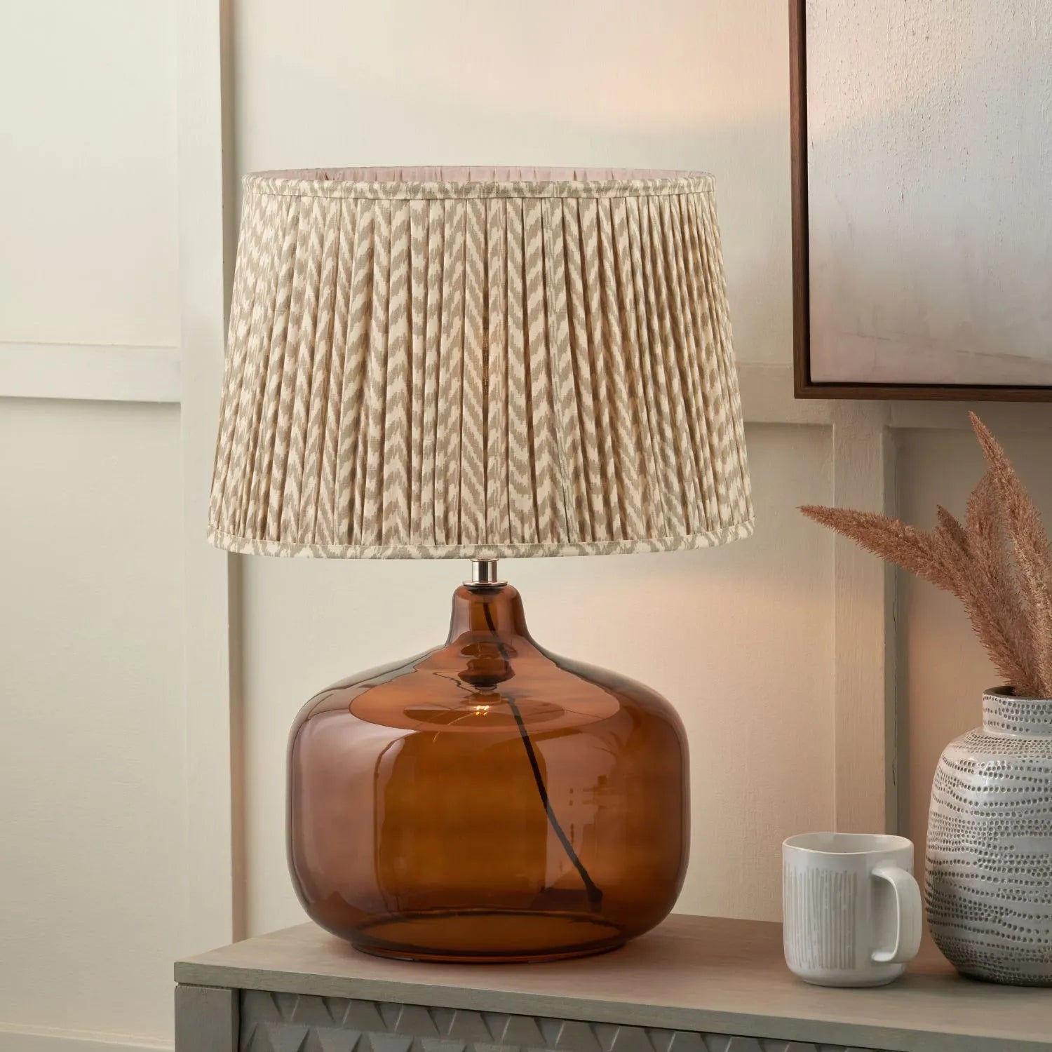 Amber Honey Glass Table Lamp Base with Nickel Fitting – Rounded Squat Decorative Table Light Base for Bedside & Side Tables 39x29x29cm | Click Style