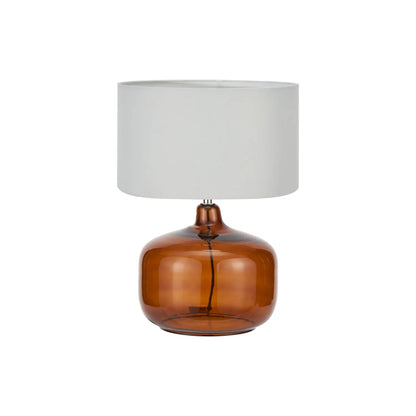 Amber Honey Glass Table Lamp with 40cm Ivory Cotton Drum Shade – Rounded Squat Decorative Table Light for Bedside & Side Tables 58x40x40cm | Click Style