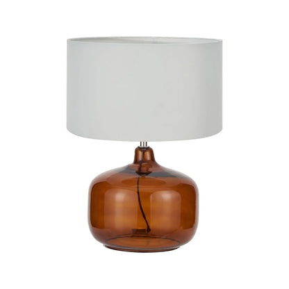 Amber Honey Glass Table Lamp with 40cm Ivory Cotton Drum Shade – Rounded Squat Decorative Table Light for Bedside & Side Tables 58x40x40cm | Click Style