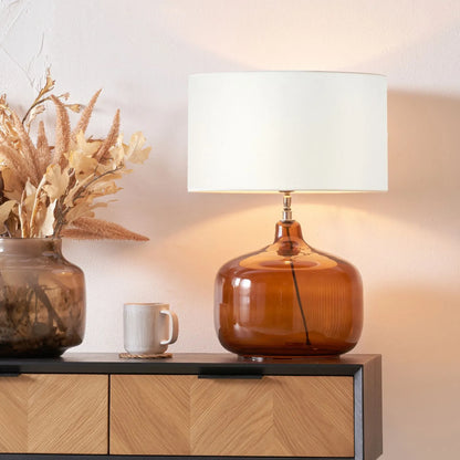 Amber Honey Glass Table Lamp with 40cm Ivory Cotton Drum Shade – Rounded Squat Decorative Table Light for Bedside & Side Tables 58x40x40cm | Click Style