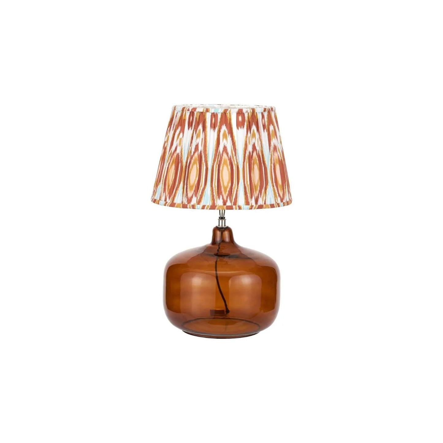 Amber Honey Glass Table Lamp with 40cm Orange Cinnamon & White Tribal Ikat Mushroom Pleated Cotton Shade – Rounded Squat Decorative Table Light for Bedside & Side Tables 61x40x40cm | Click Style
