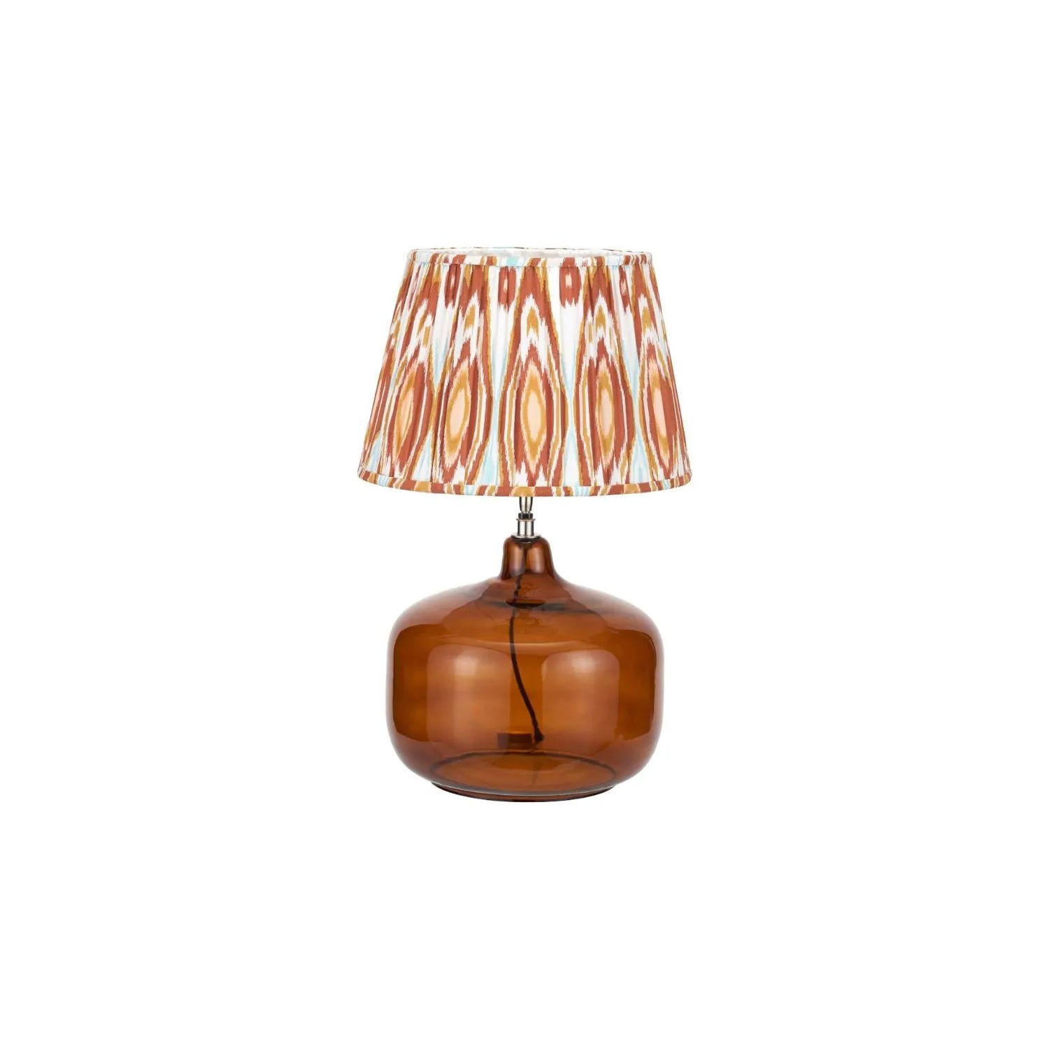 Amber Honey Glass Table Lamp with 40cm Orange Cinnamon & White Tribal Ikat Mushroom Pleated Cotton Shade – Rounded Squat Decorative Table Light for Bedside & Side Tables 61x40x40cm | Click Style