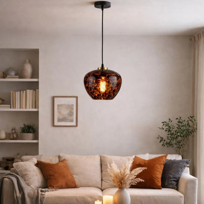Amber & Brown Tortoiseshell Glass Pendant Light with Brushed Gold Fitting – Adjustable & Dimmable Bowl Ceiling Pendant 105x24x24cm | Click Style