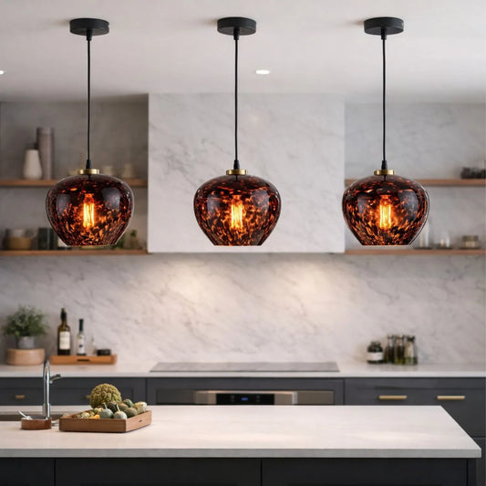 Amber & Brown Tortoiseshell Glass Pendant Light with Brushed Gold Fitting – Adjustable & Dimmable Bowl Ceiling Pendant 105x24x24cm | Click Style
