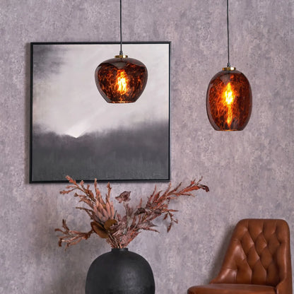 Amber & Brown Tortoiseshell Glass Pendant Light with Brushed Gold Fitting – Adjustable & Dimmable Bowl Ceiling Pendant 105x24x24cm | Click Style