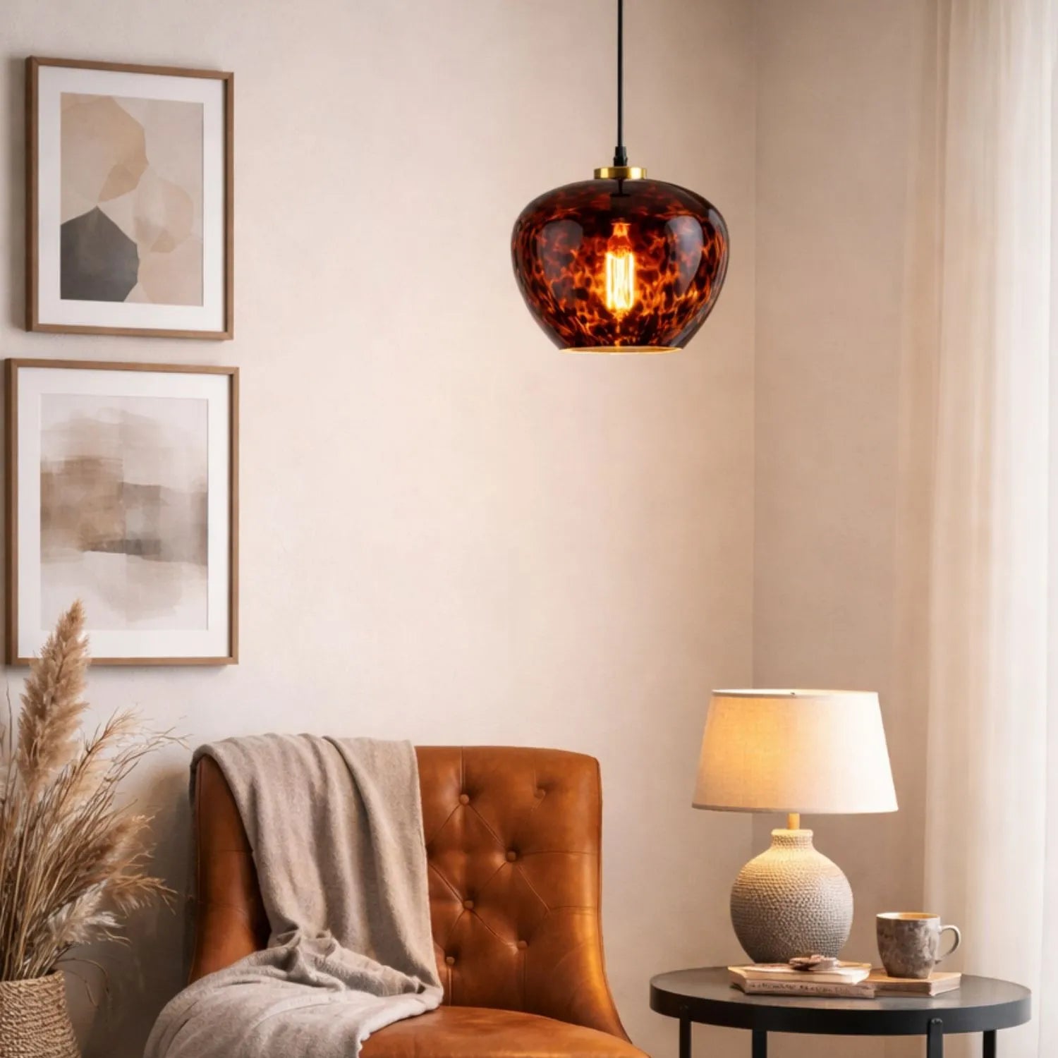 Amber & Brown Tortoiseshell Glass Pendant Light with Brushed Gold Fitting – Adjustable & Dimmable Bowl Ceiling Pendant 105x24x24cm | Click Style