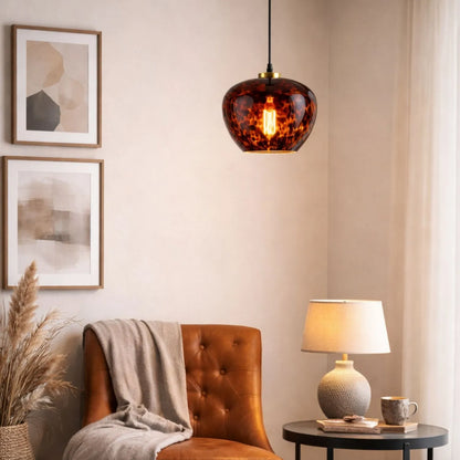 Amber & Brown Tortoiseshell Glass Pendant Light with Brushed Gold Fitting – Adjustable & Dimmable Bowl Ceiling Pendant 105x24x24cm | Click Style