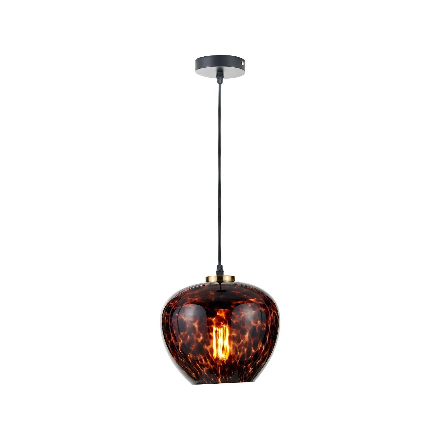 Amber & Brown Tortoiseshell Glass Pendant Light with Brushed Gold Fitting – Adjustable & Dimmable Bowl Ceiling Pendant 105x24x24cm | Click Style