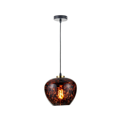 Amber & Brown Tortoiseshell Glass Pendant Light with Brushed Gold Fitting – Adjustable & Dimmable Bowl Ceiling Pendant 105x24x24cm | Click Style