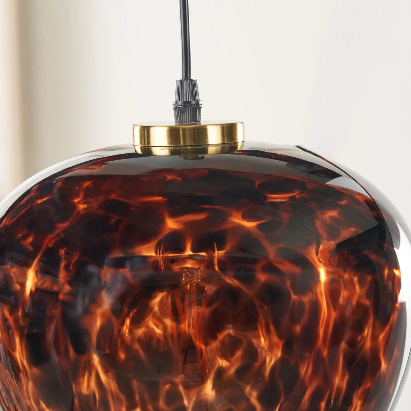 Amber & Brown Tortoiseshell Glass Pendant Light with Brushed Gold Fitting – Adjustable & Dimmable Bowl Ceiling Pendant 105x24x24cm | Click Style