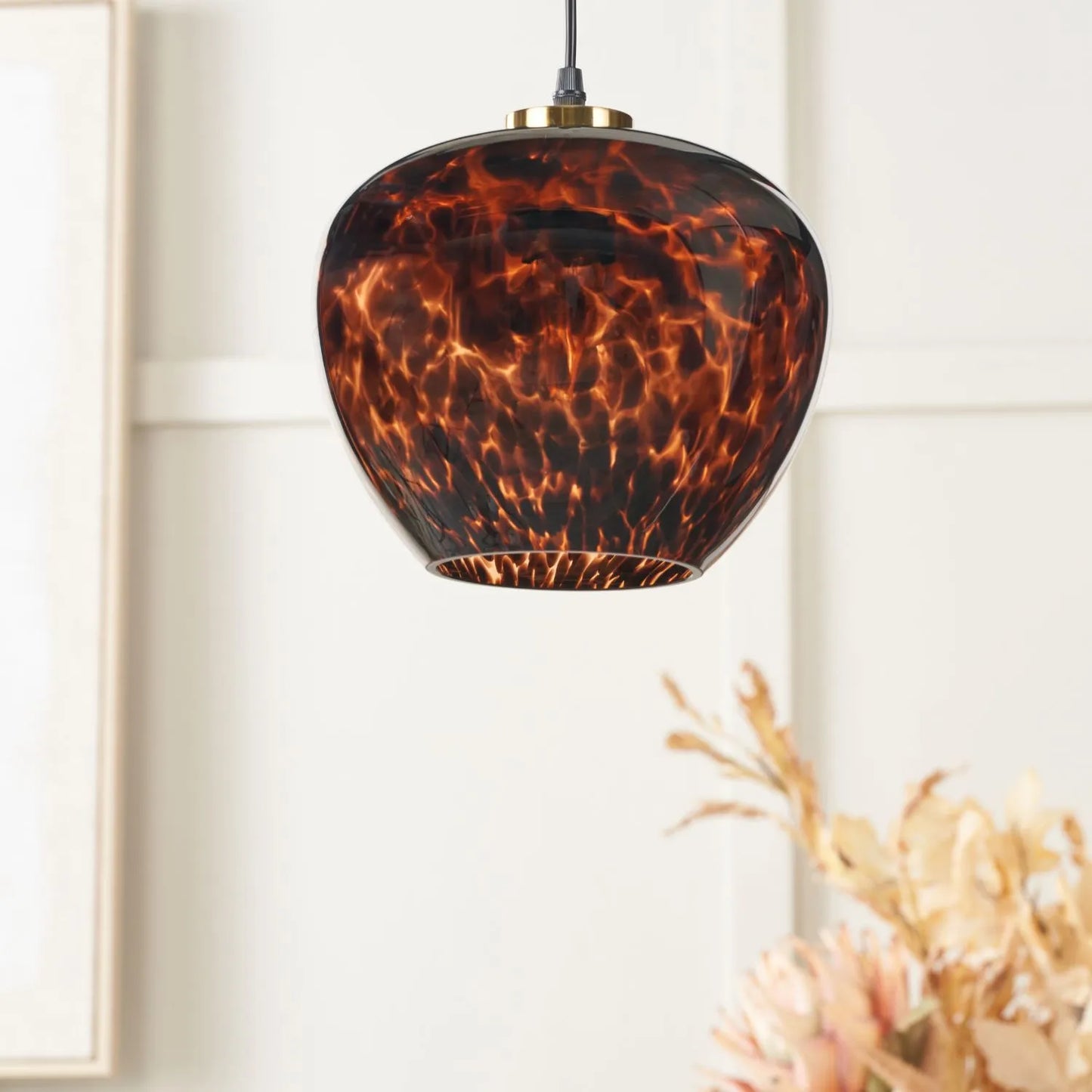 Amber & Brown Tortoiseshell Glass Pendant Light with Brushed Gold Fitting – Adjustable & Dimmable Bowl Ceiling Pendant 105x24x24cm | Click Style