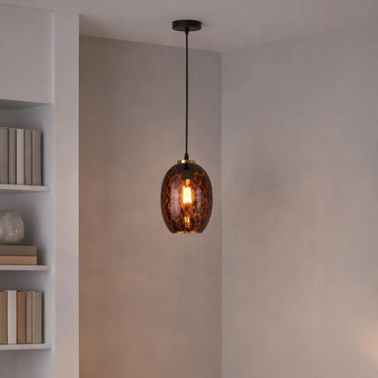 Amber & Brown Tortoiseshell Glass Pendant Light with Brushed Gold Fitting – Adjustable & Dimmable Oval Ceiling Pendant 111x20x20cm | Click Style