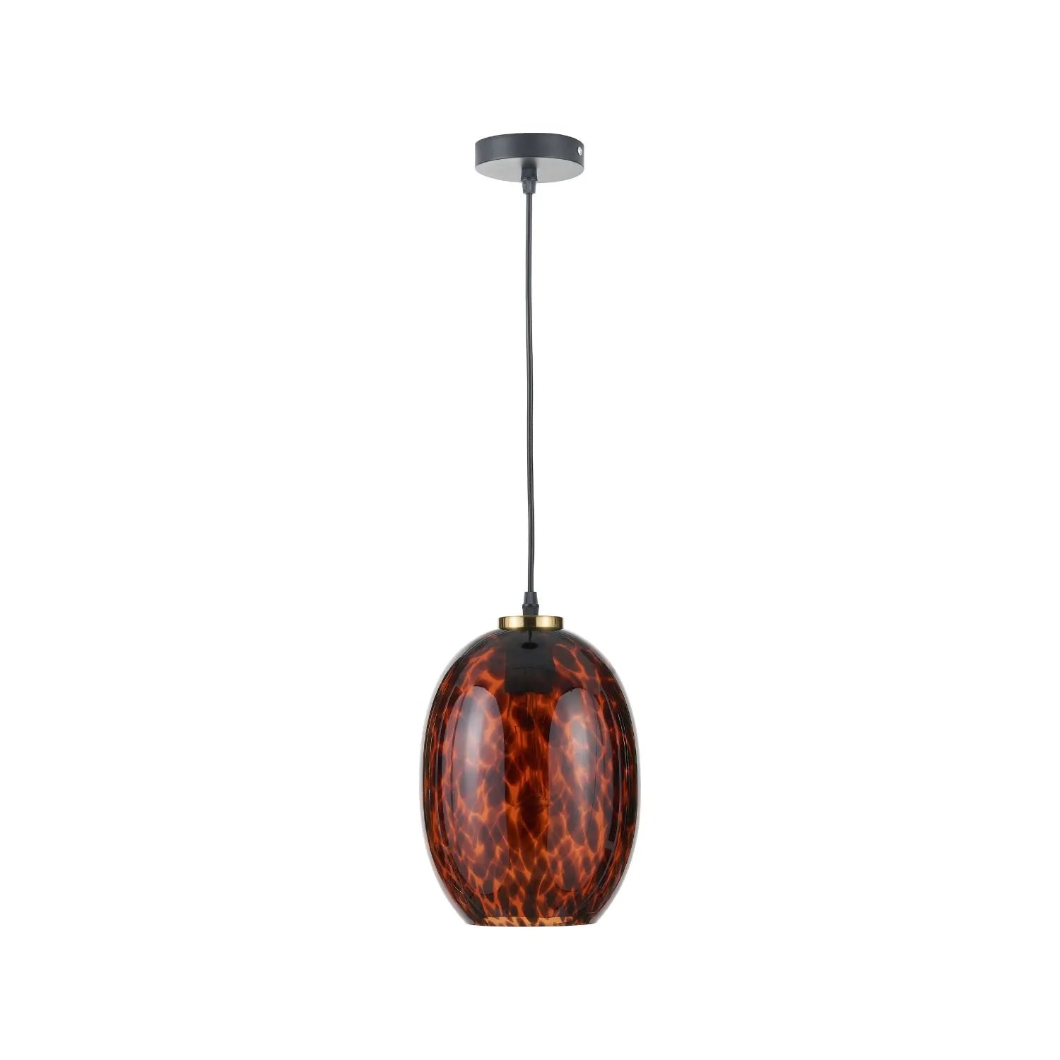 Amber & Brown Tortoiseshell Glass Pendant Light with Brushed Gold Fitting – Adjustable & Dimmable Oval Ceiling Pendant 111x20x20cm | Click Style