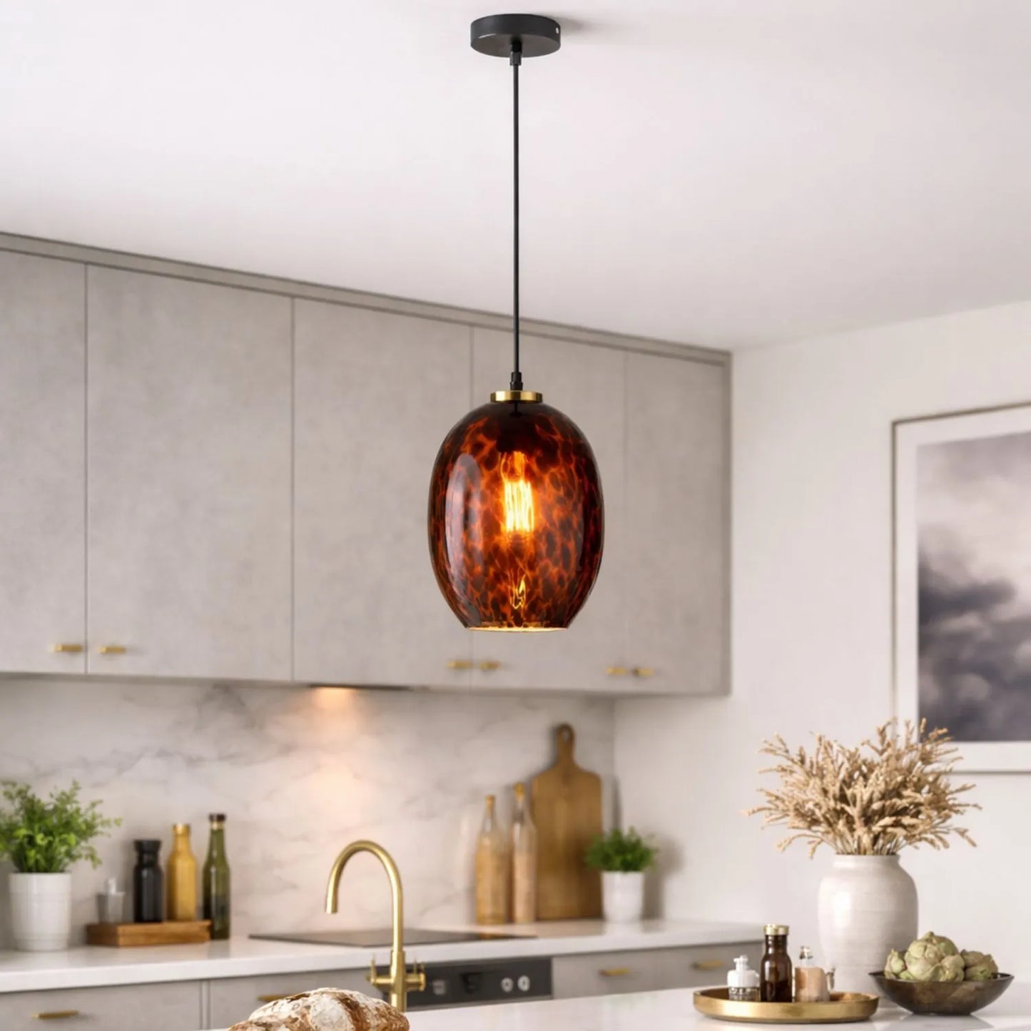 Amber & Brown Tortoiseshell Glass Pendant Light with Brushed Gold Fitting – Adjustable & Dimmable Oval Ceiling Pendant 111x20x20cm | Click Style