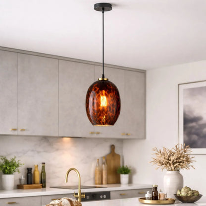 Amber & Brown Tortoiseshell Glass Pendant Light with Brushed Gold Fitting – Adjustable & Dimmable Oval Ceiling Pendant 111x20x20cm | Click Style