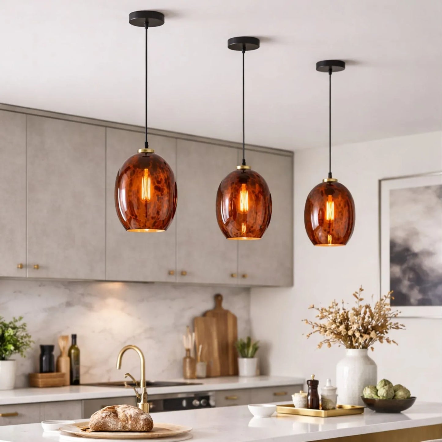Amber & Brown Tortoiseshell Glass Pendant Light with Brushed Gold Fitting – Adjustable & Dimmable Oval Ceiling Pendant 111x20x20cm | Click Style