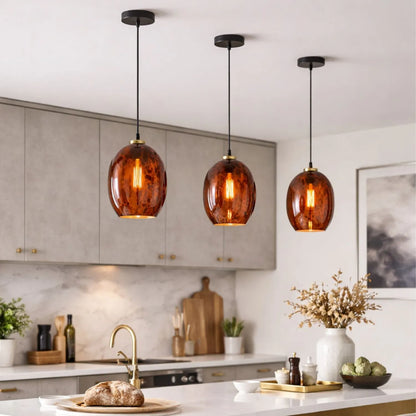 Amber & Brown Tortoiseshell Glass Pendant Light with Brushed Gold Fitting – Adjustable & Dimmable Oval Ceiling Pendant 111x20x20cm | Click Style