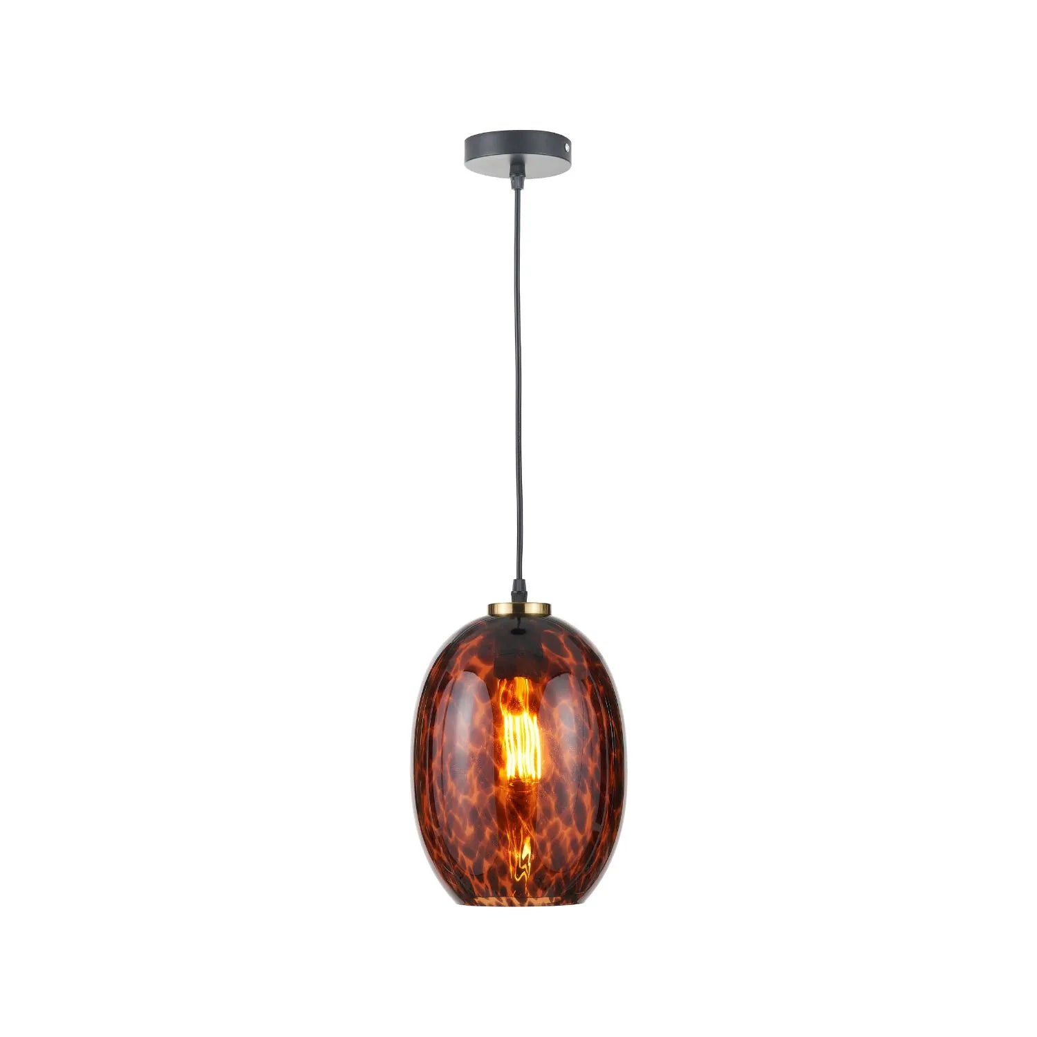 Amber & Brown Tortoiseshell Glass Pendant Light with Brushed Gold Fitting – Adjustable & Dimmable Oval Ceiling Pendant 111x20x20cm | Click Style