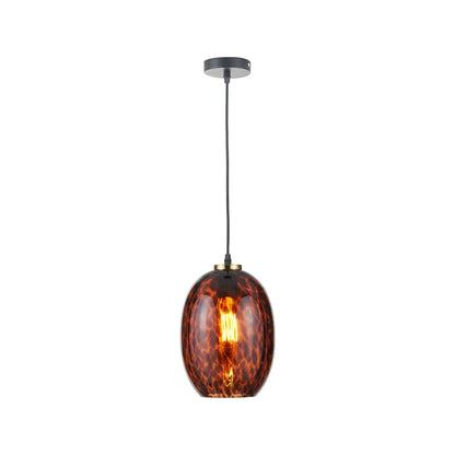 Amber & Brown Tortoiseshell Glass Pendant Light with Brushed Gold Fitting – Adjustable & Dimmable Oval Ceiling Pendant 111x20x20cm | Click Style