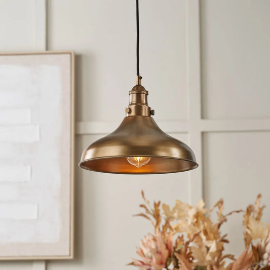 Antique Brass Café-Style Metal Adjustable Pendant Light With Vintage Flared Dome Shade – Industrial Hanging Ceiling Pendant 122x30x30cm | Click Style