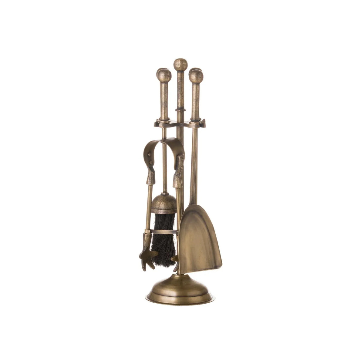 Antique Brass Fireside Companion Set with Ball-Topped Handles – 4 Piece Metal Fireplace Tool Set 40x12x12cm – Front View | Click Style