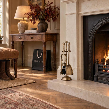 Antique Brass Fireside Companion Set with Ball-Topped Handles – 4 Piece Metal Fireplace Tool Set 40x12x12cm beside cast iron fireplace in country house interior | Click Style