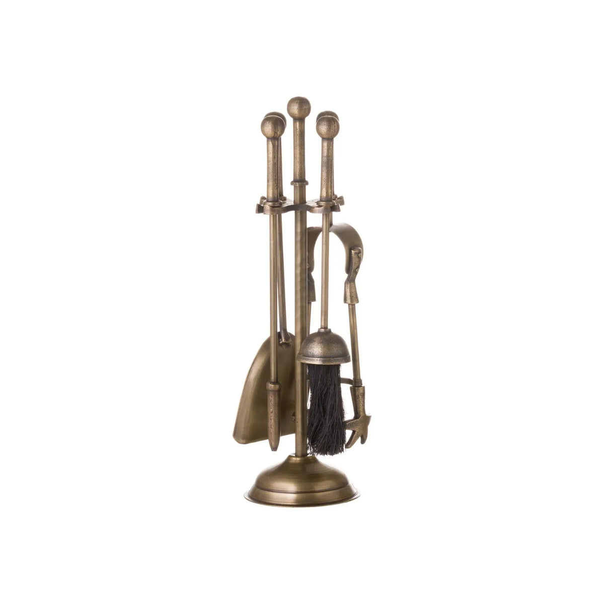 Antique Brass Fireside Companion Set with Ball-Topped Handles – 4 Piece Metal Fireplace Tool Set 40x12x12cm – Side View Showing Shovel Brush Poker & Tongs | Click Style