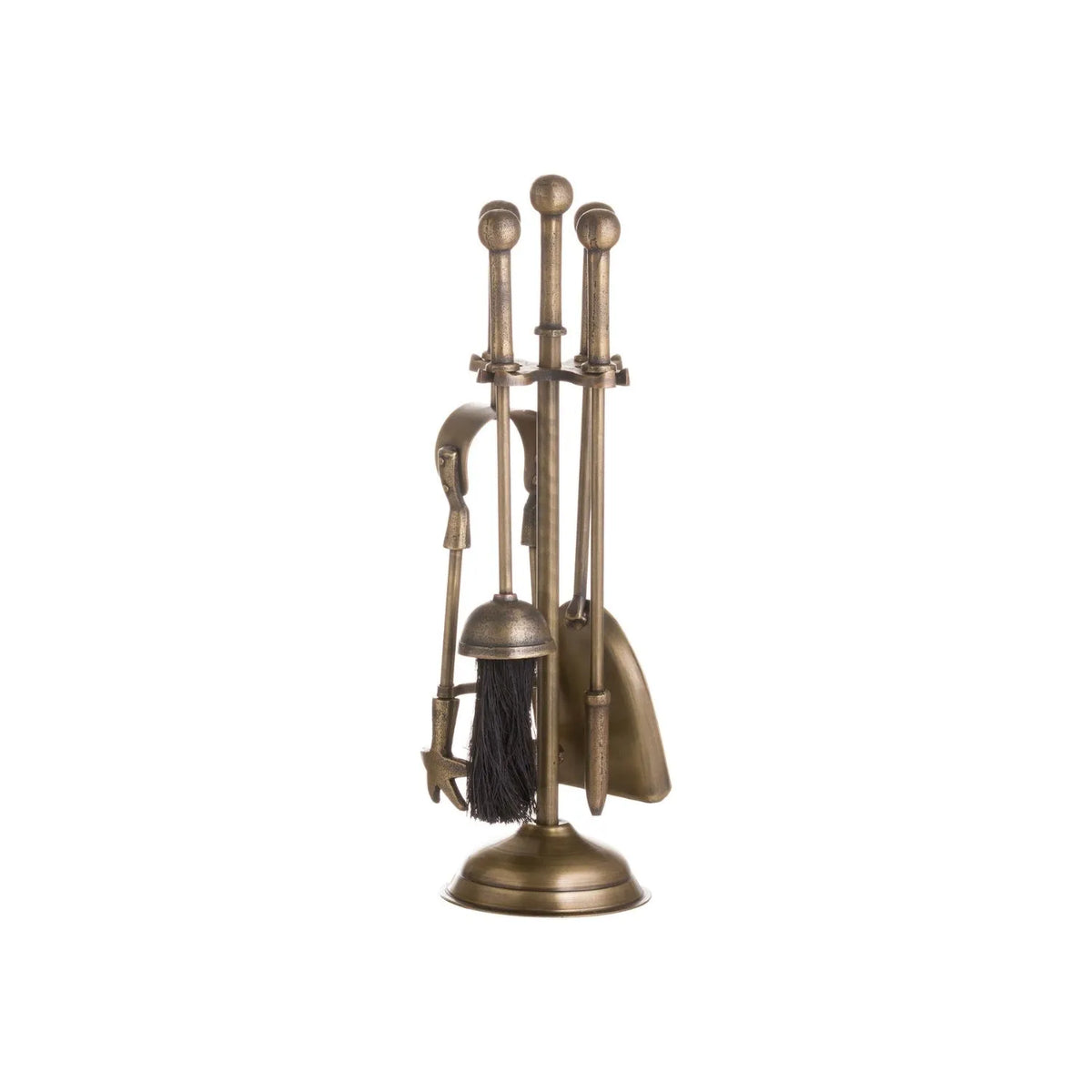 Antique Brass Fireside Companion Set with Ball-Topped Handles – 4 Piece Metal Fireplace Tool Set 40x12x12cm – Opposite Side View Showing Fireplace Tools | Click Style