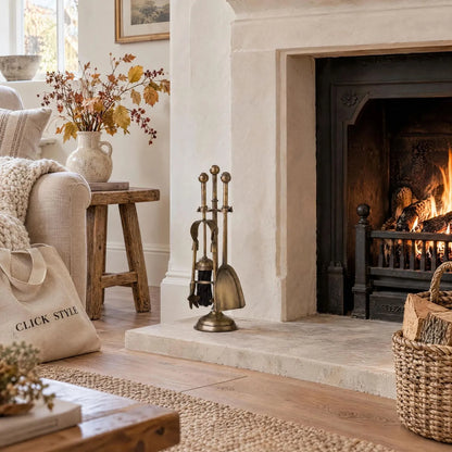 Antique Brass Fireside Companion Set with Ball-Topped Handles – 4 Piece Metal Fireplace Tool Set 40x12x12cm beside traditional fireplace in light country interior | Click Style